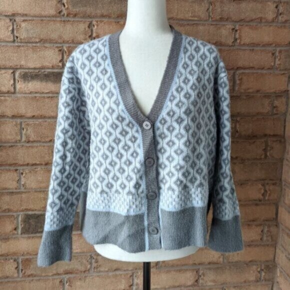 Paraphrase fuzzy button down geometric print cardigan sweater - Picture 1 of 7